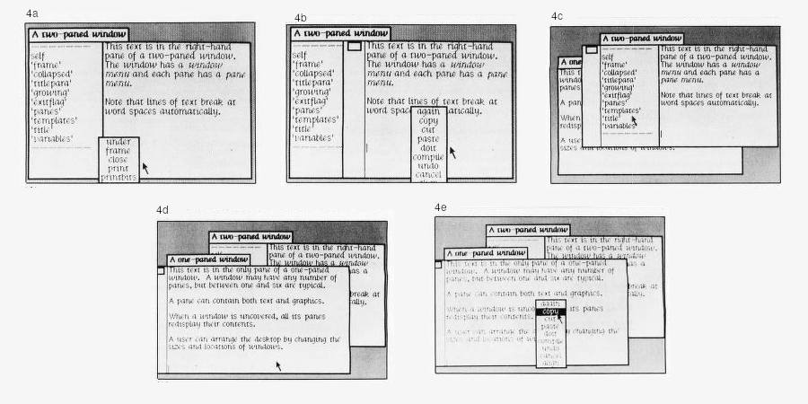 Pět snímků oken systému Smalltalk-80.