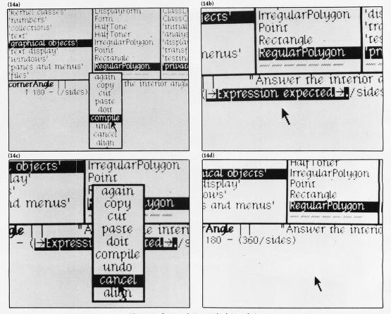 Nabídky grafického uživatelského rozhraní Smalltalku-80 zobrazující různé možnosti kompilace metod.