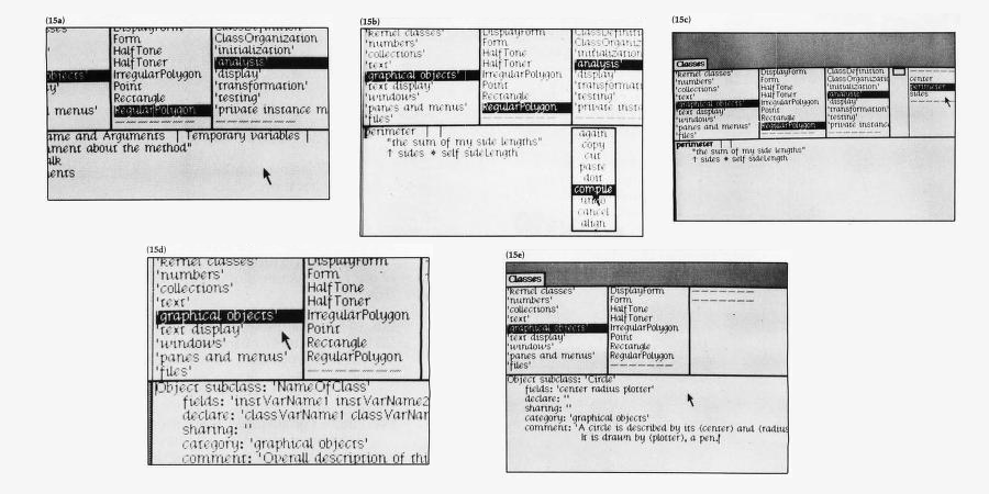 Grafické uživatelské rozhraní Smalltalku ukazující přidávání nových definic pomocí menu.